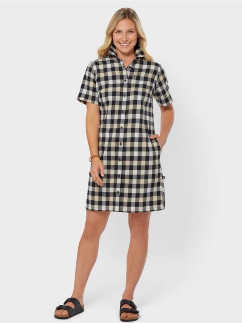 Black and Cream Buffalo Check Button-Front Shirt Dress with Large Pockets